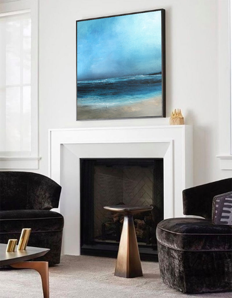 Stunning Blue Ocean Horizon Abstract Oil Painting for Coastal Home Decor