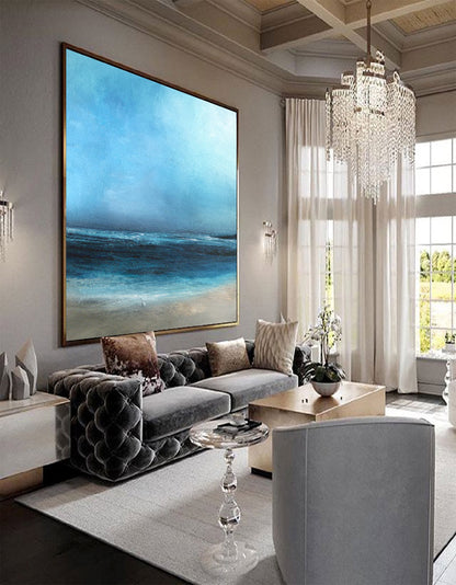 Stunning Blue Ocean Horizon Abstract Oil Painting for Coastal Home Decor