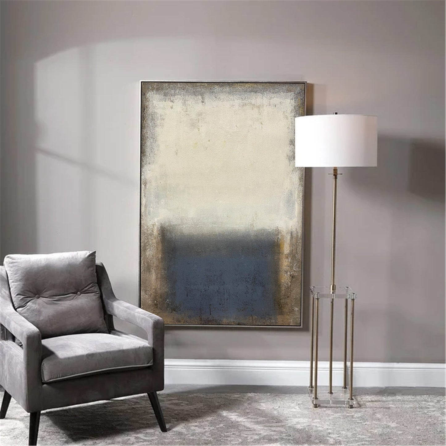 Tranquil Beige and Blue Abstract Oil Painting for Modern Home Decor