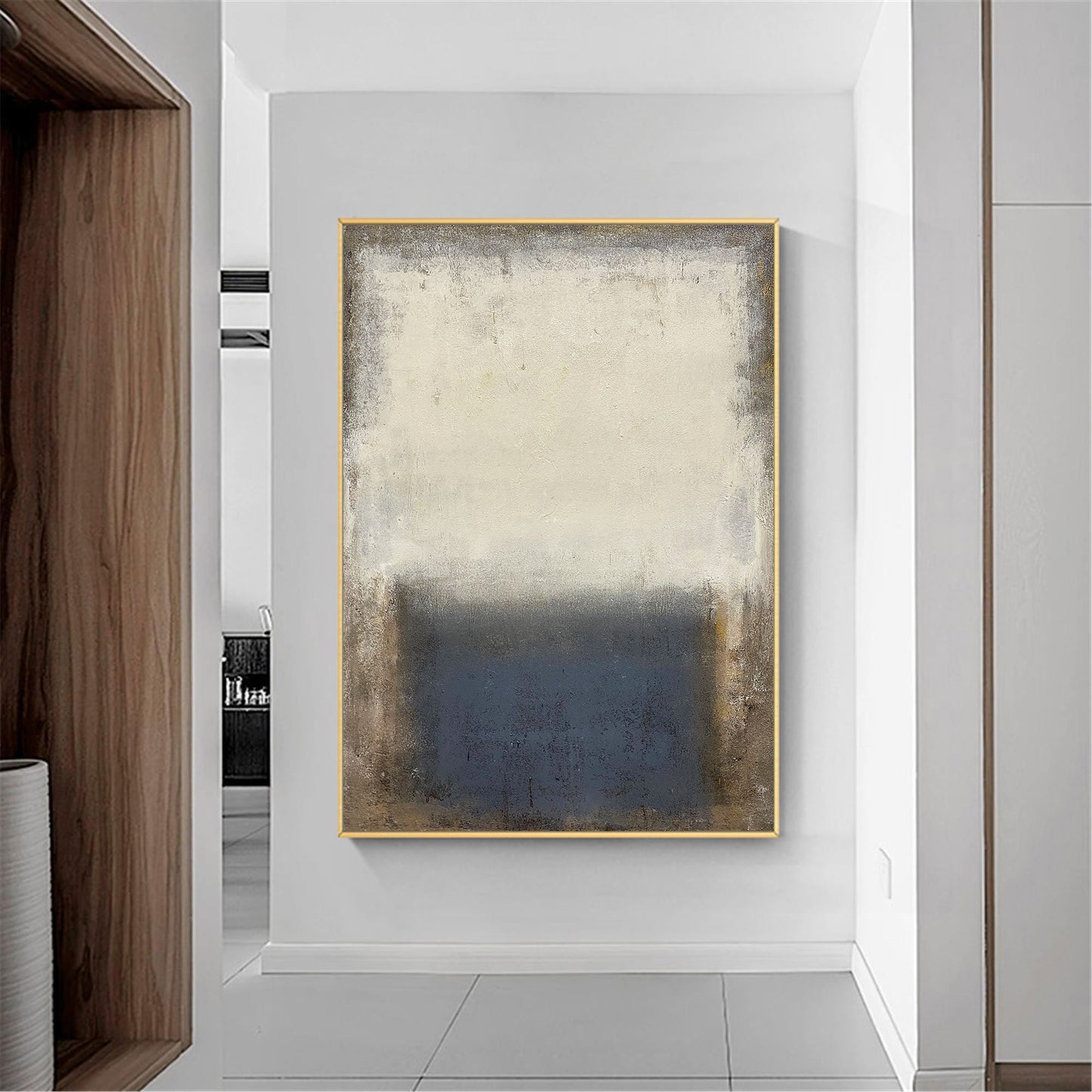 Tranquil Beige and Blue Abstract Oil Painting for Modern Home Decor