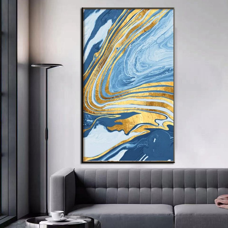 Serene Glacier Waves: Elegant Blue and Gold Abstract Oil Painting for Modern Decor