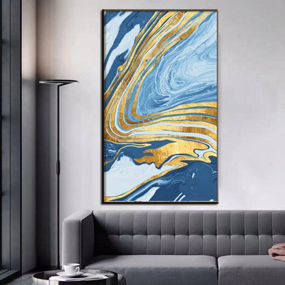 Serene Glacier Waves: Elegant Blue and Gold Abstract Oil Painting for Modern Decor