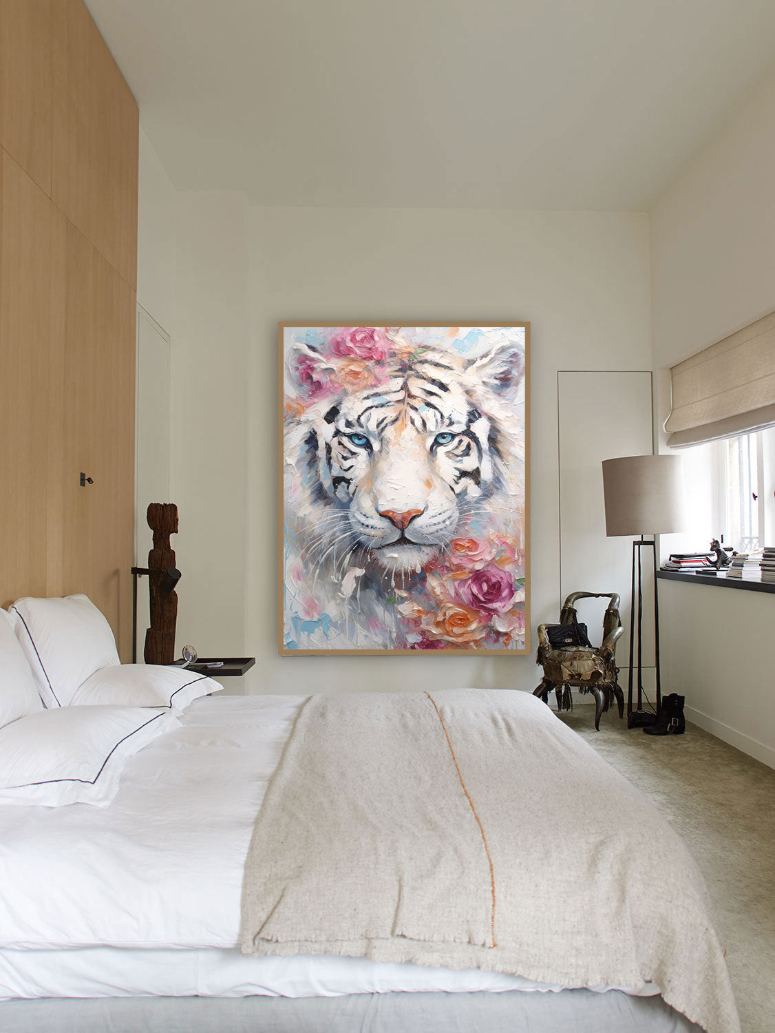 Majestic White Tiger Oil Painting with Floral Accents for Home Decor