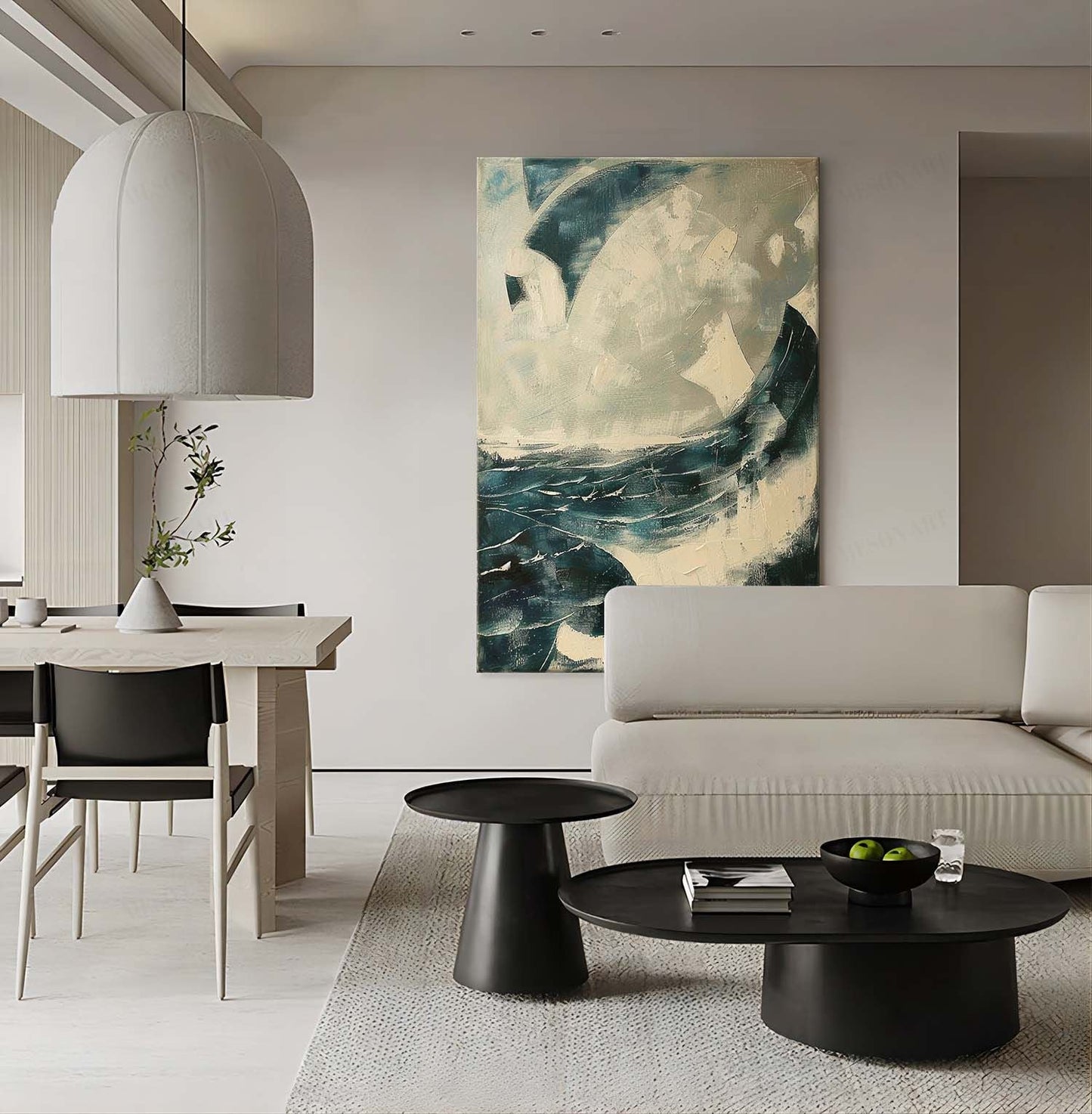 Abstract Ocean Waves Oil Painting with Textured Brushwork for Modern Decor