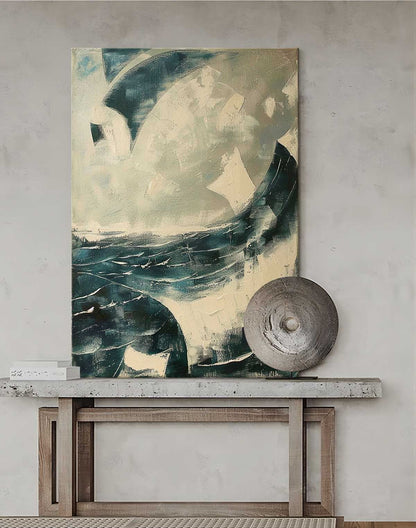 Abstract Ocean Waves Oil Painting with Textured Brushwork for Modern Decor