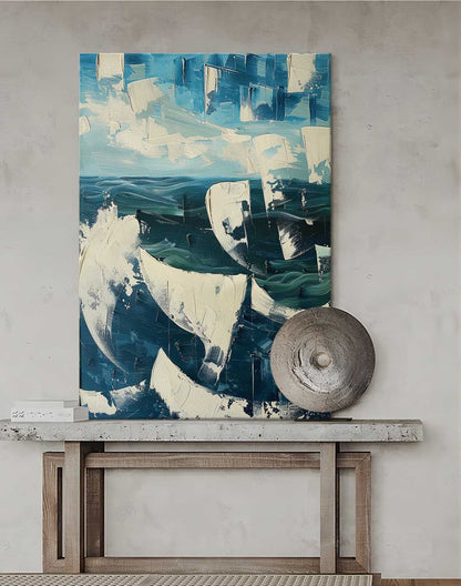 Vibrant Abstract Ocean Waves Oil Painting with Textured Plaster Finish