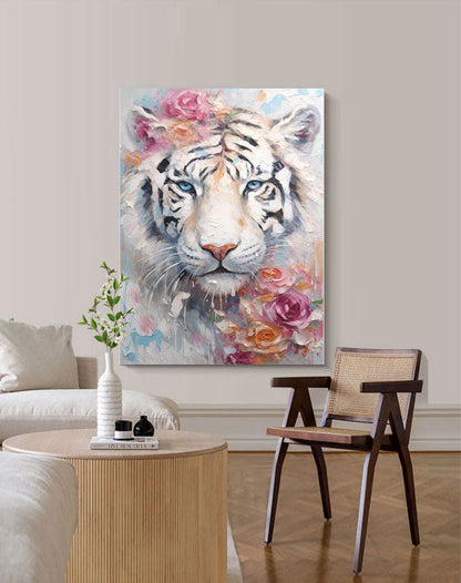 Majestic White Tiger Oil Painting with Floral Accents for Home Decor