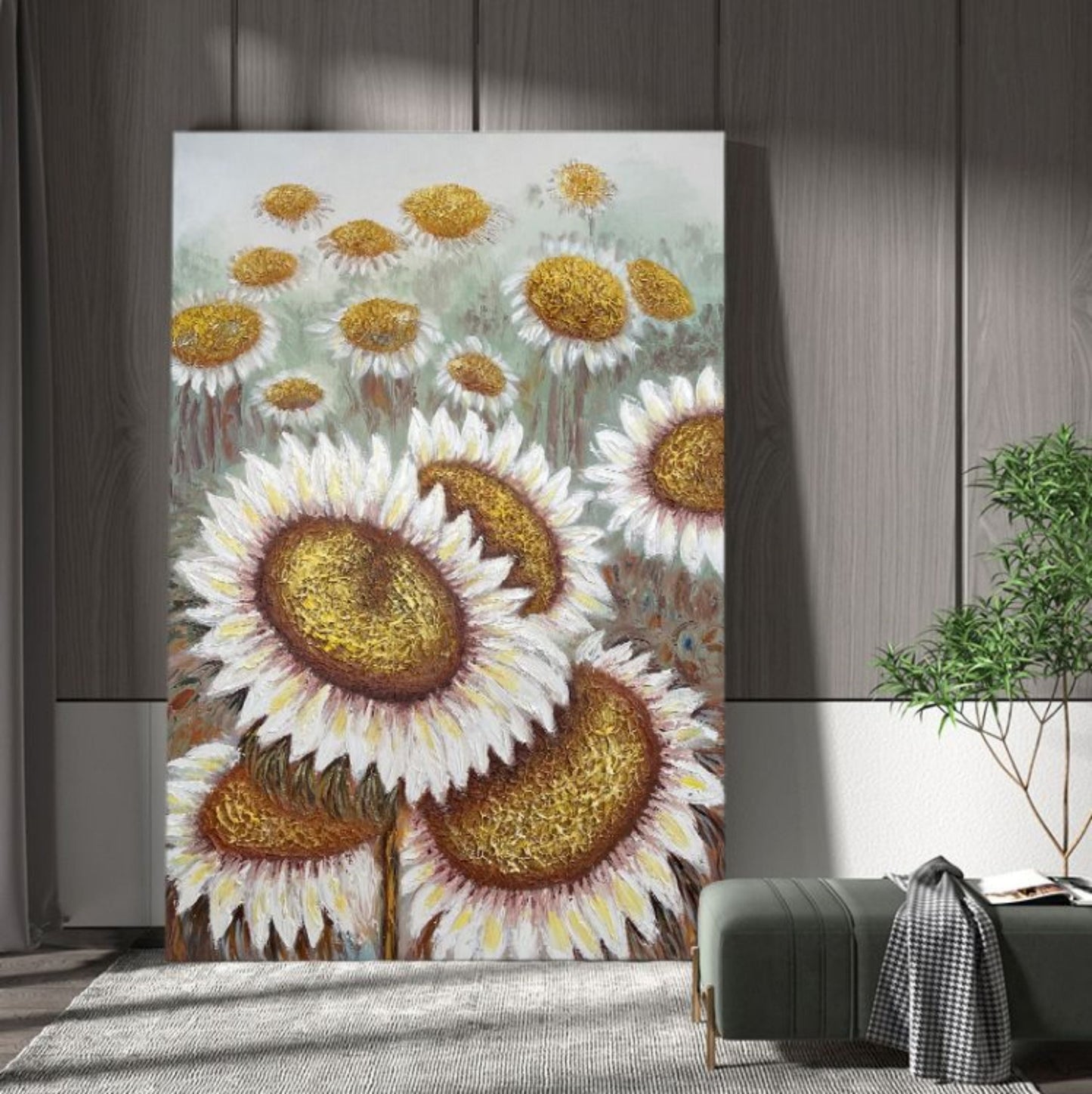 Vibrant Sunflower Oil Painting with Textured Golden Accents for Wall Art Decor