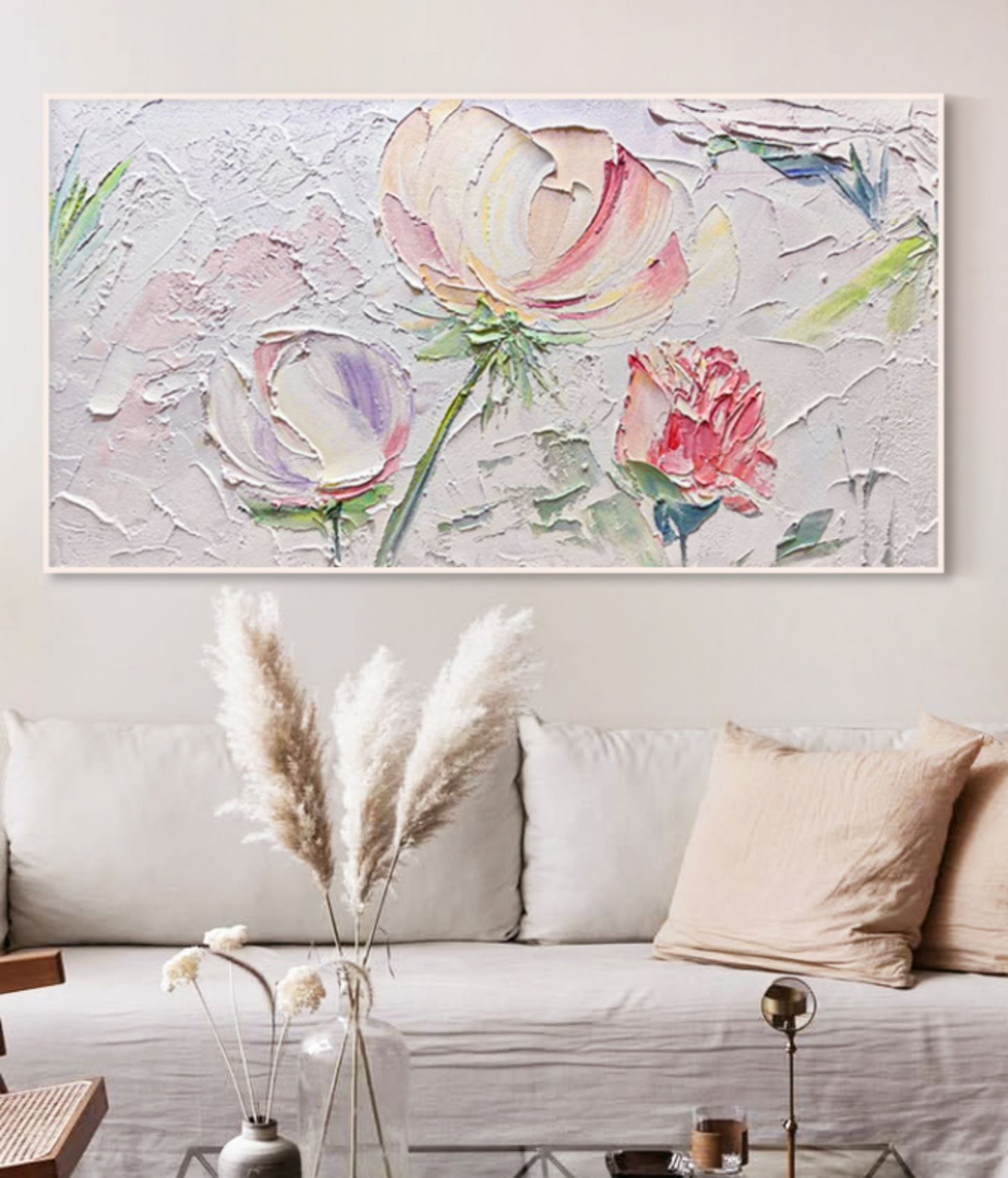 Textured Floral Oil Painting with Rose and Green Accents for Home Decor