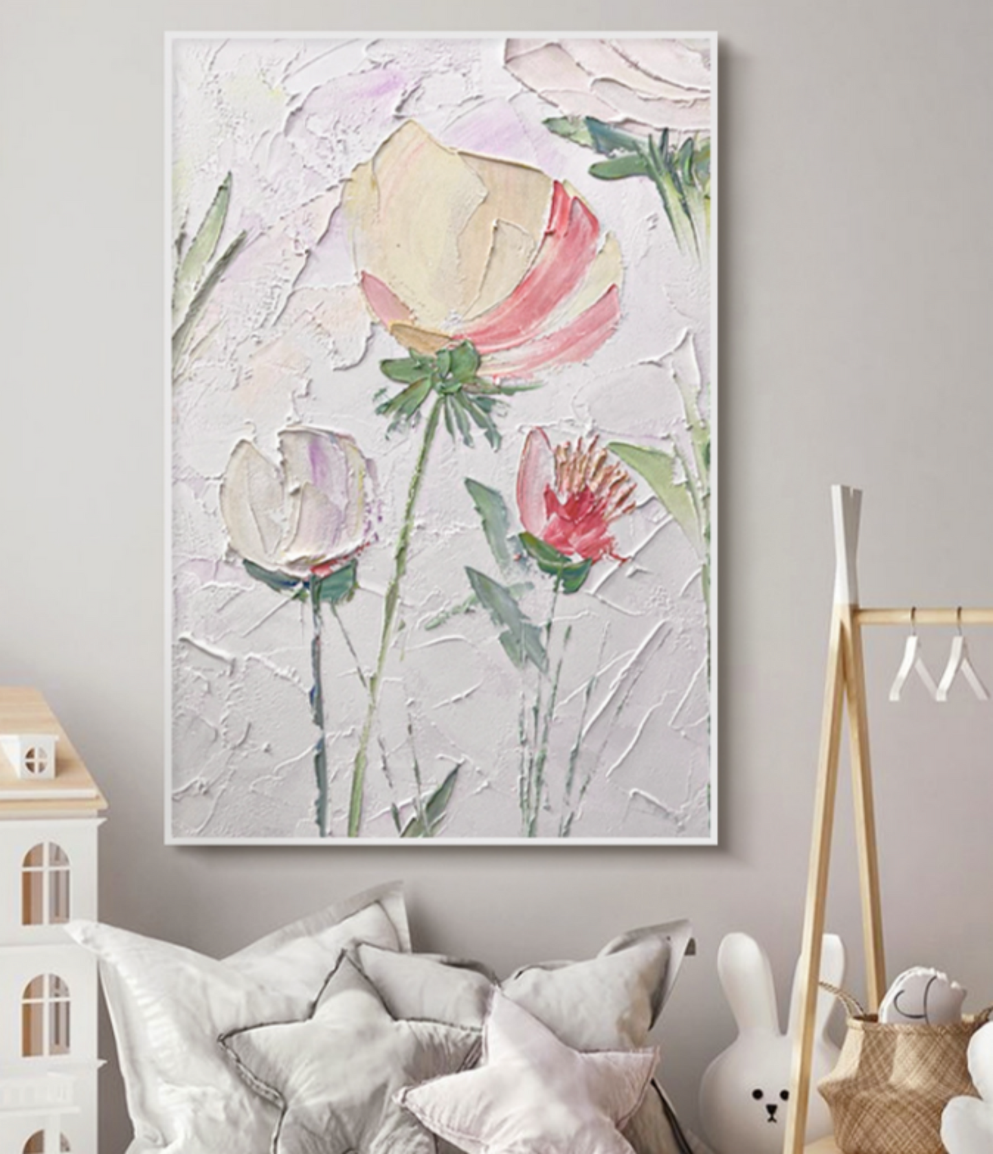 Textured Floral Oil Painting with Soft Pastels and Elegant Plaster Finish