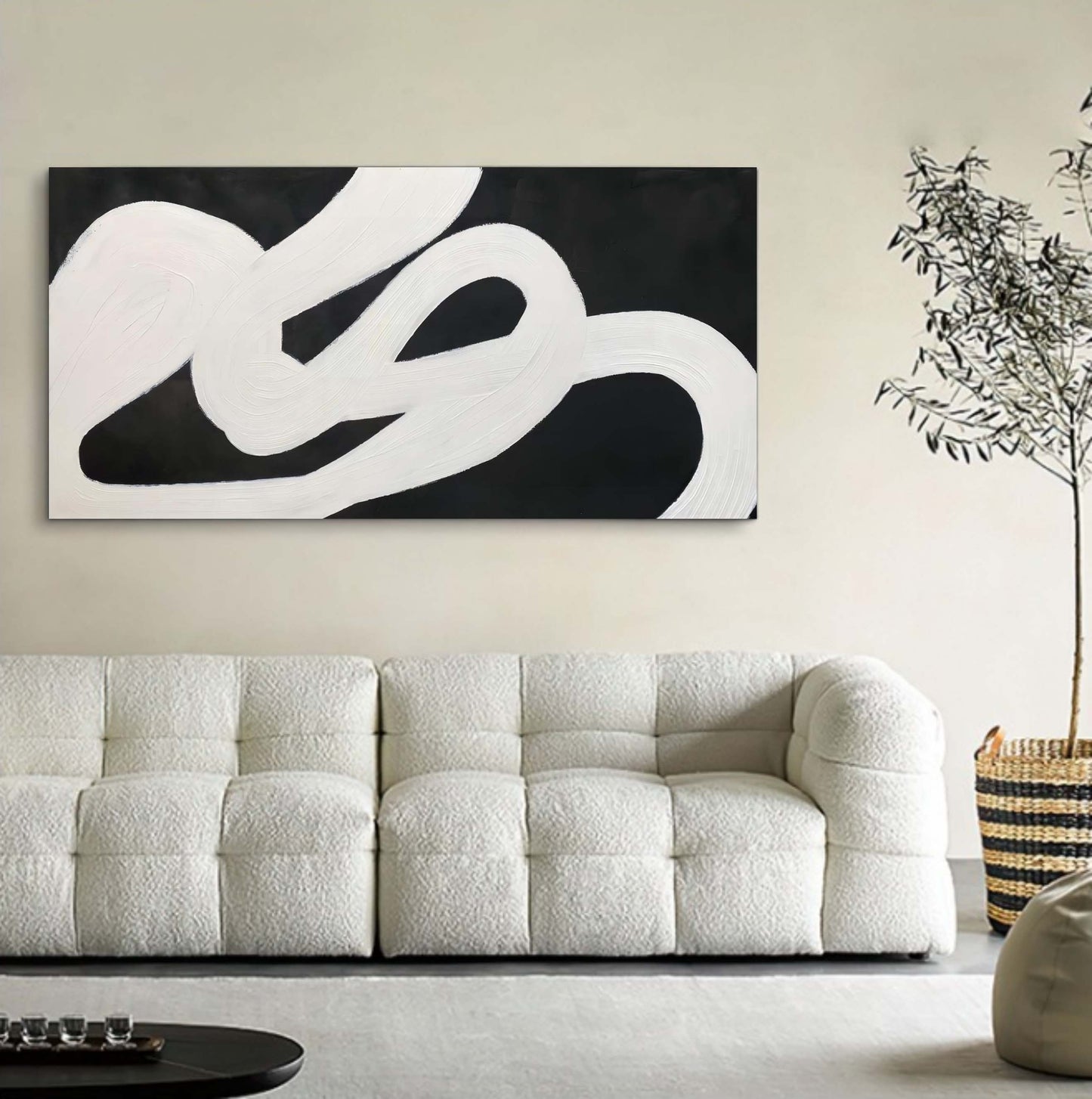 Abstract White and Black Oil Painting for Modern Home Decor