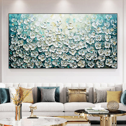 Elegant Floral Oil Painting with Textured Blossom Design on Blue Background