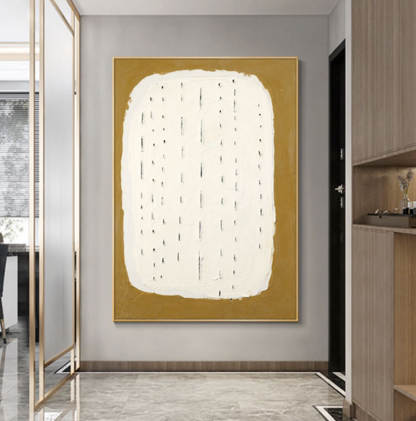 Abstract Textured Oil Painting with Elegant White and Gold Design for Modern Decor