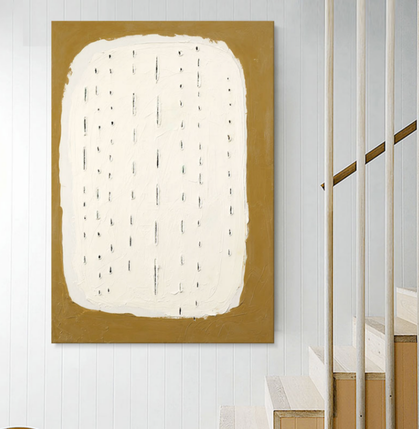 Abstract Textured Oil Painting with Elegant White and Gold Design for Modern Decor