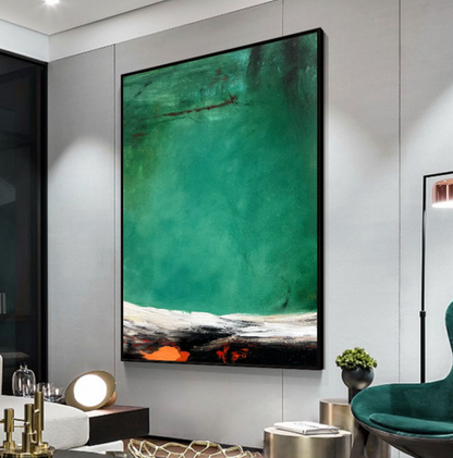 Abstract Green Oil Painting with Wabi-Sabi Aesthetic for Modern Home Decor