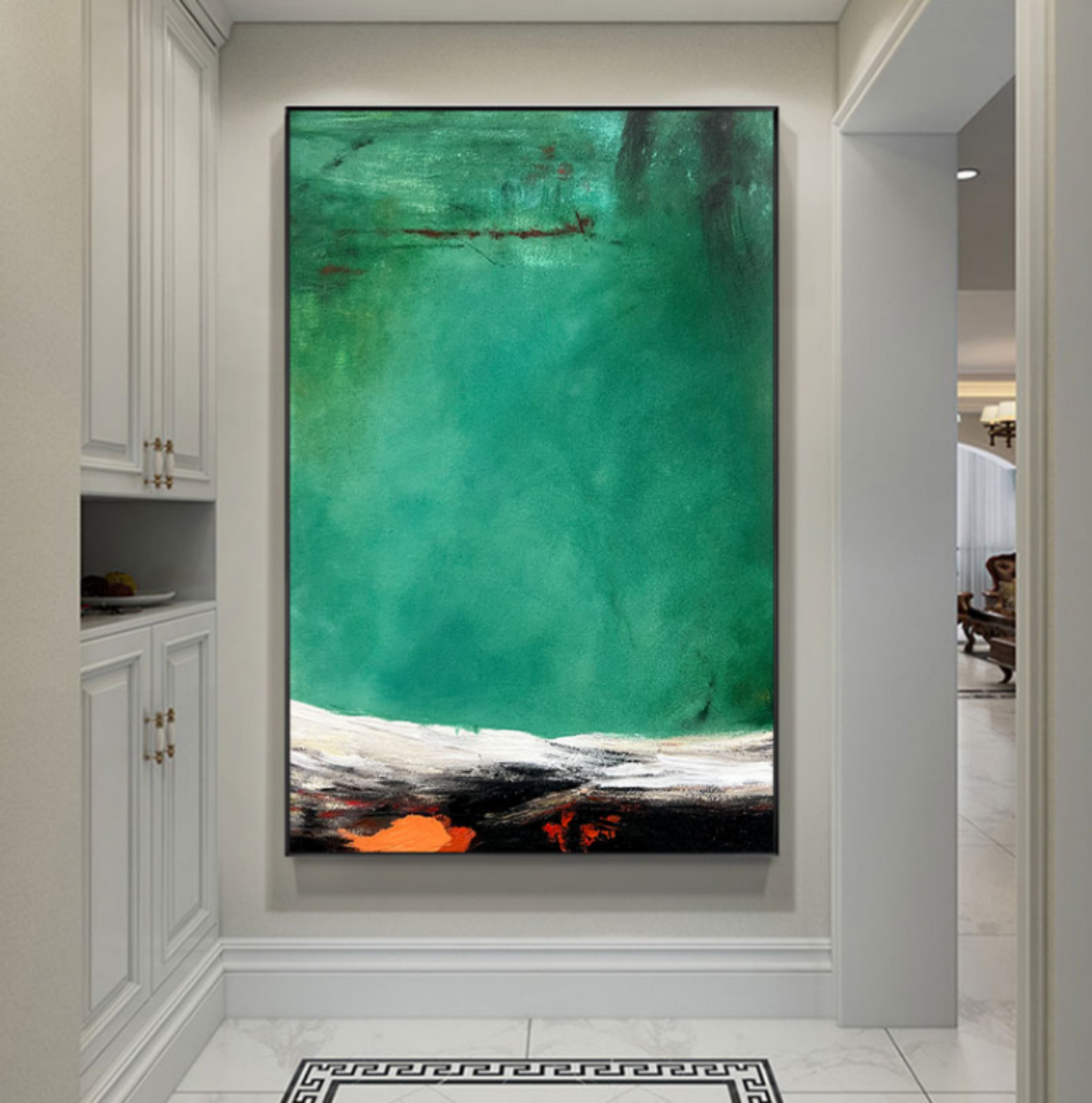 Abstract Green Oil Painting with Wabi-Sabi Aesthetic for Modern Home Decor