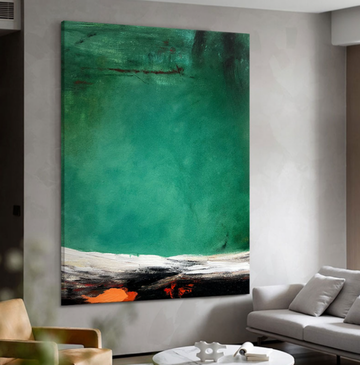 Abstract Green Oil Painting with Wabi-Sabi Aesthetic for Modern Home Decor