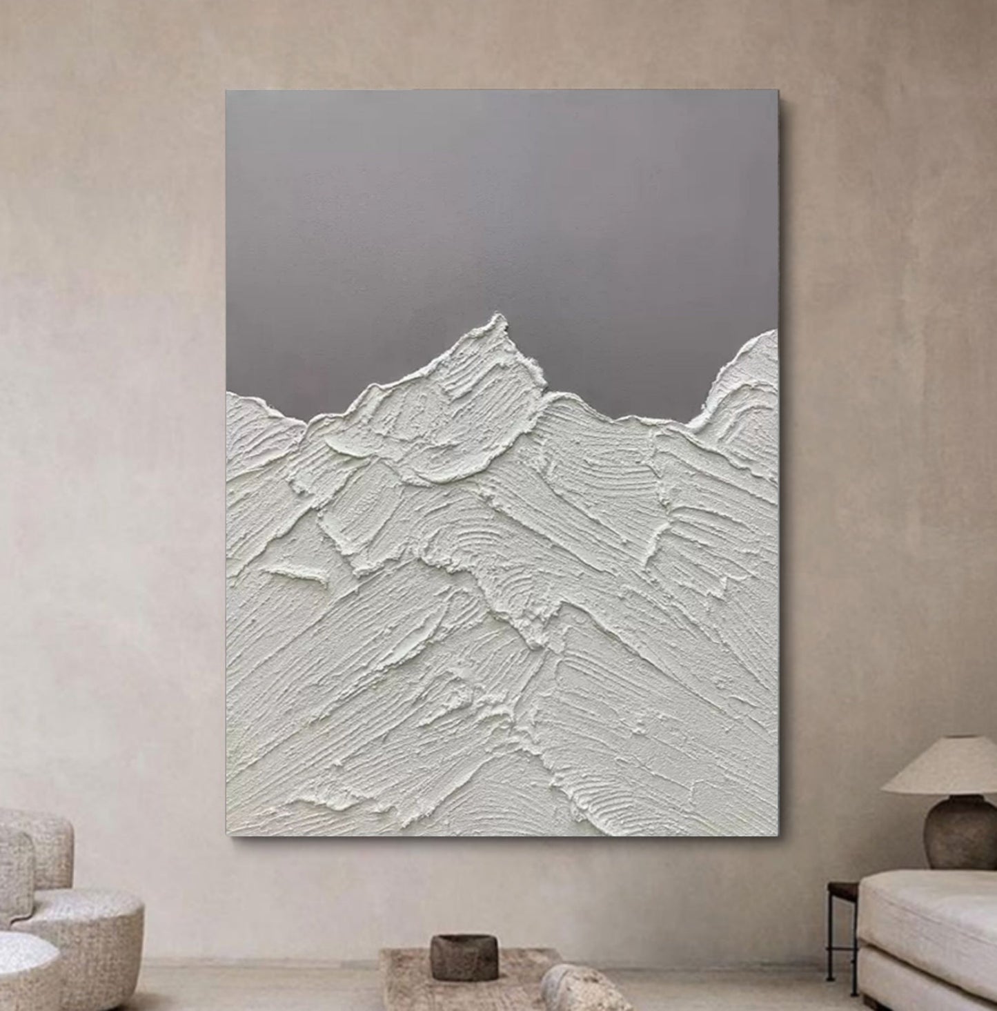 Textured White Mountain Abstract Oil Painting for Modern Home Decor