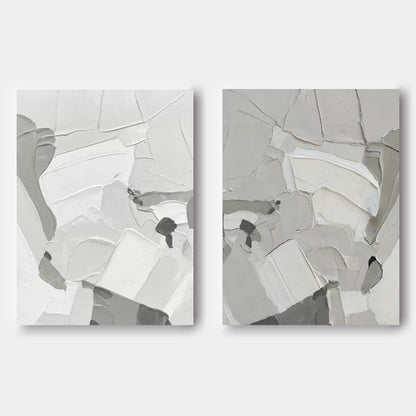 Contemporary Abstract Oil Painting Duo in Monochrome Shades for Modern Decor