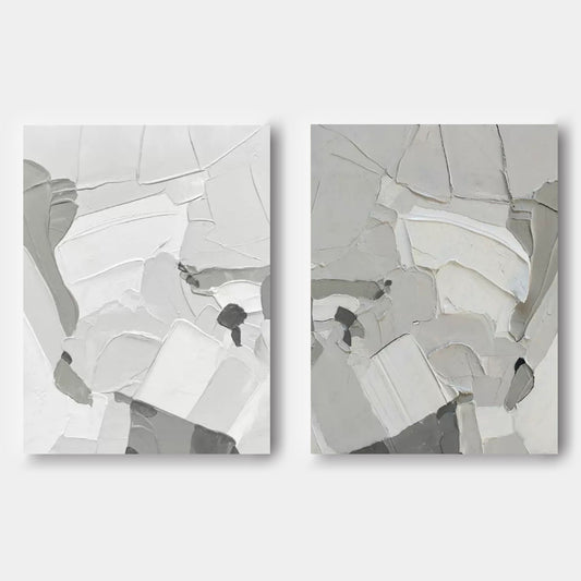 Contemporary Abstract Oil Painting Duo in Monochrome Shades for Modern Decor