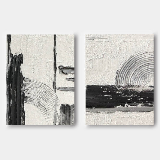 Contemporary Black and White Abstract Oil Painting Duo for Modern Interiors