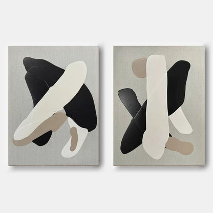 Contemporary Black and White Abstract Oil Painting Duo for Modern Decor