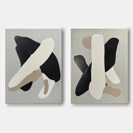 Contemporary Black and White Abstract Oil Painting Duo for Modern Decor