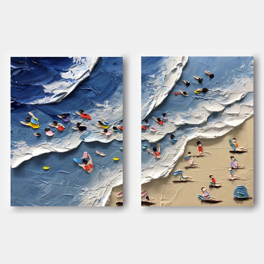 Colorful Beach Scene Abstract Oil Painting Duo for Modern Decor