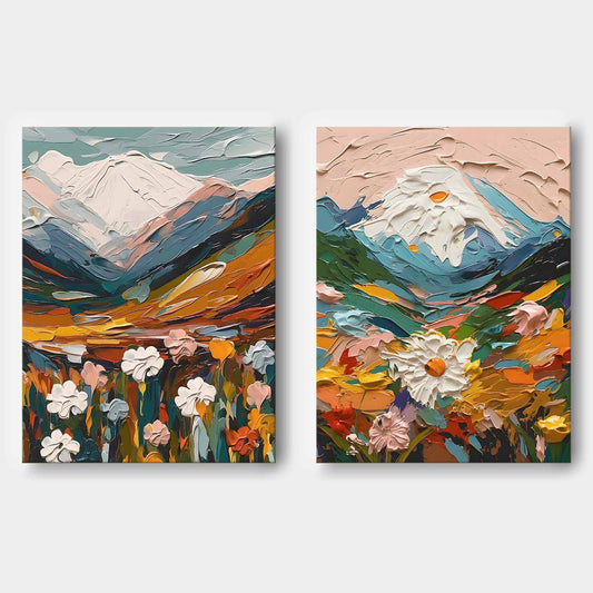 Vibrant Mountain Landscape with Colorful Flowers in Oil Paint