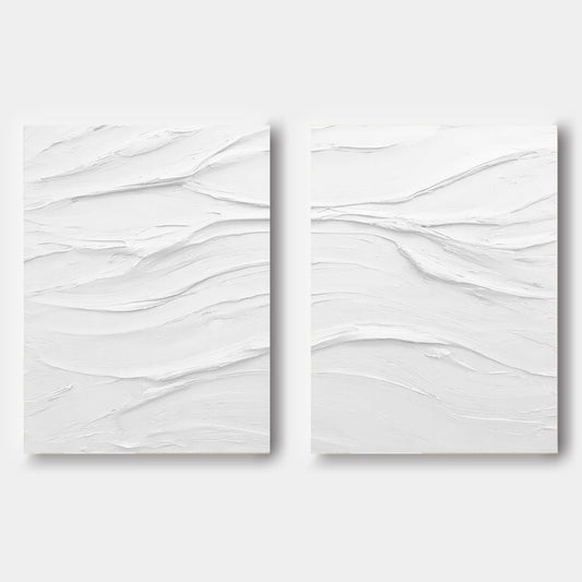 Textured White Abstract Oil Painting Duo for Modern Home Decor