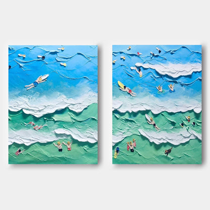 Vibrant Ocean Waves Abstract Oil Painting Duo for Coastal Decor