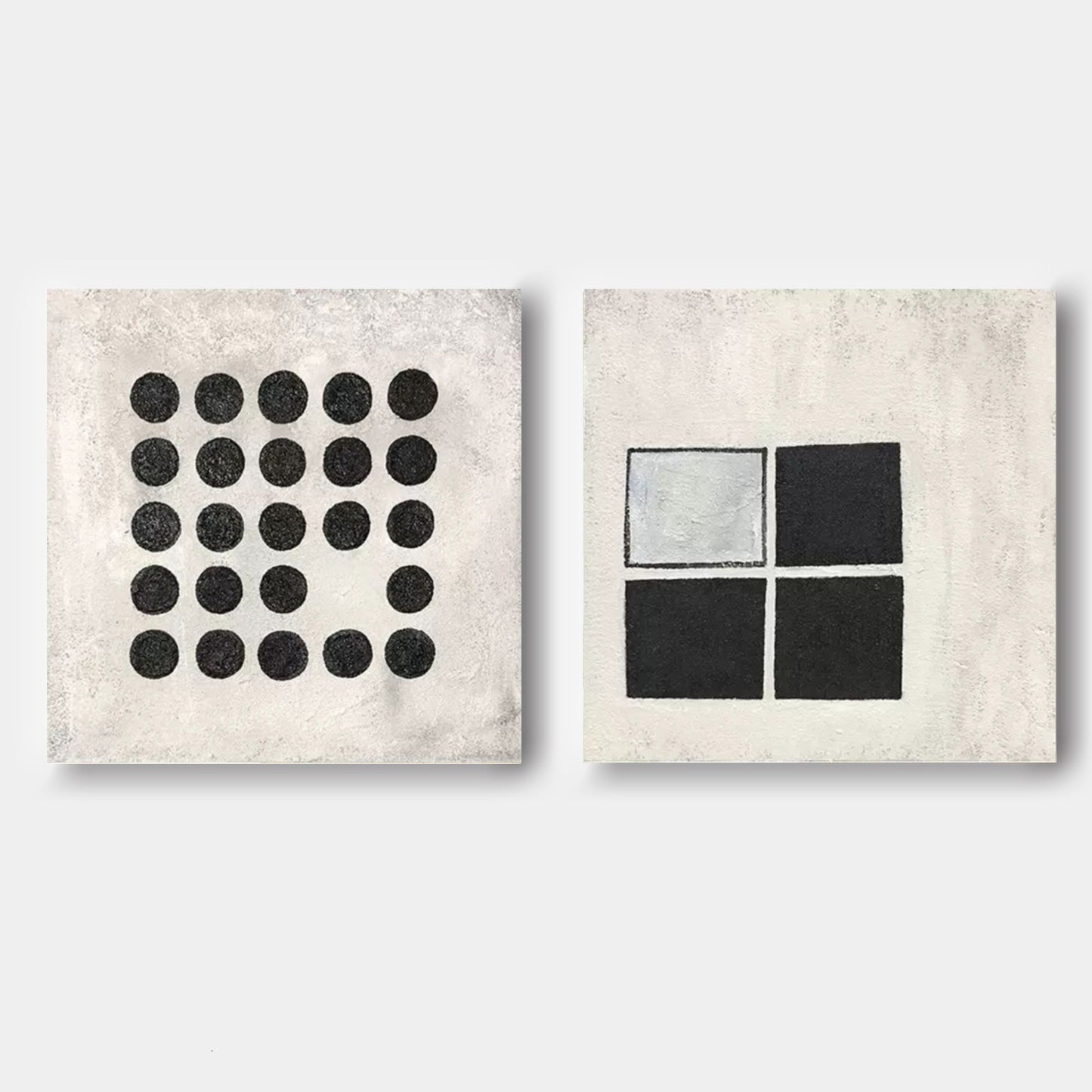 Modern Abstract Duo - Black and White Geometric Oil Paintings for Contemporary Decor