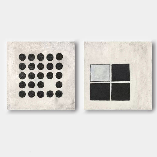 Modern Abstract Duo - Black and White Geometric Oil Paintings for Contemporary Decor