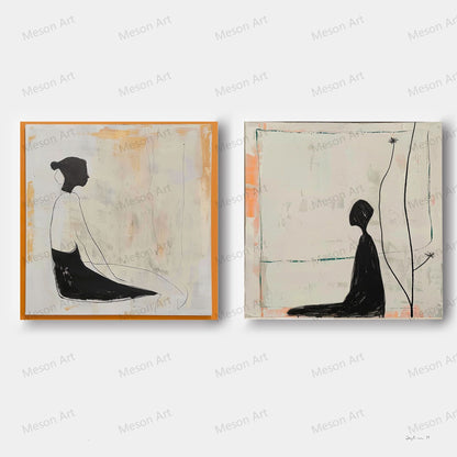 Contemporary Minimalist Oil Painting Set with Abstract Figures for Modern Decor