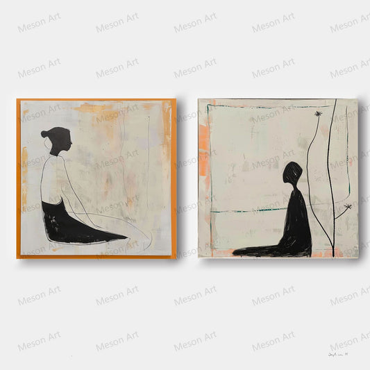 Contemporary Minimalist Oil Painting Set with Abstract Figures for Modern Decor