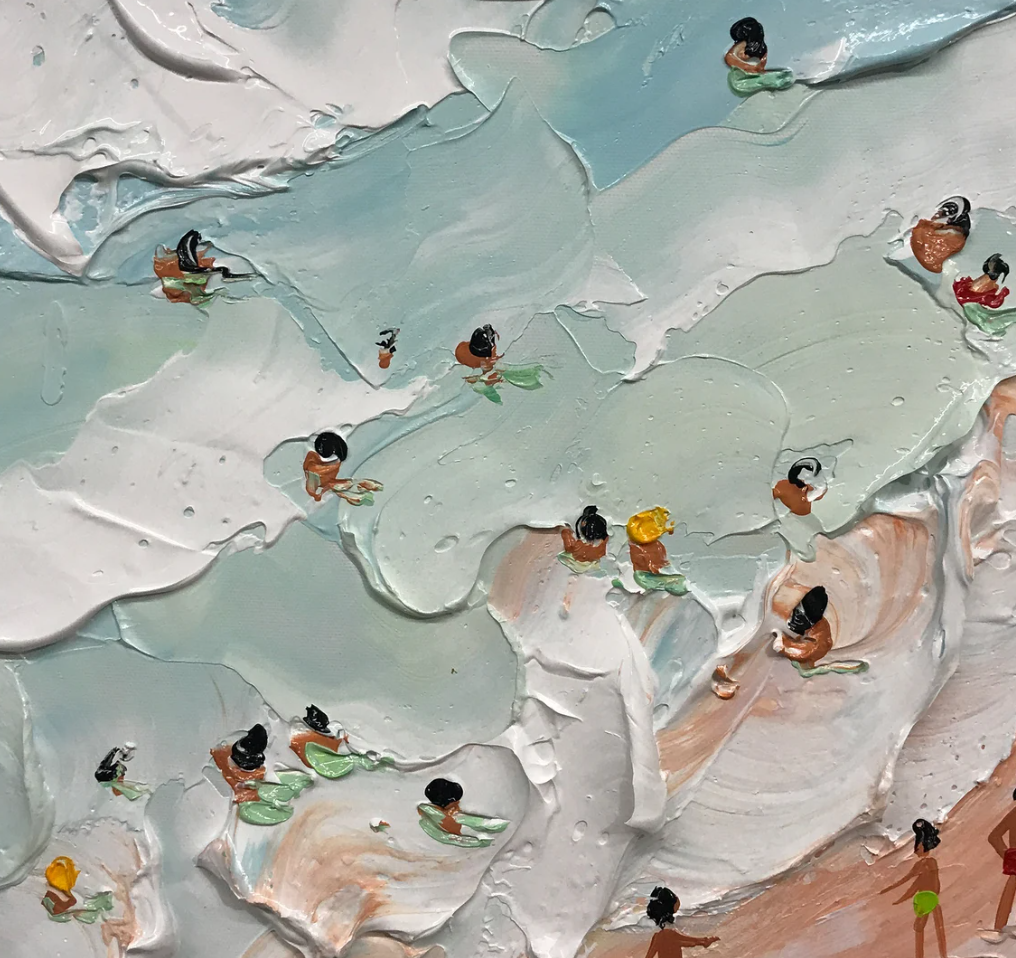 Vibrant Beach Day Oil Painting with Textured Waves and Colorful Sunbathers