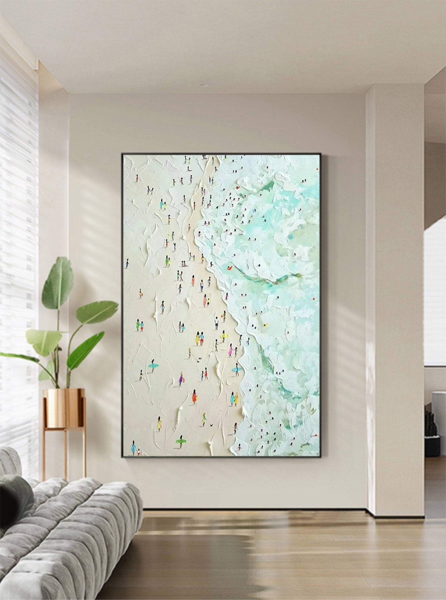 Vibrant Beach Scene Oil Painting with Textured Ocean Waves and Colorful Bathers