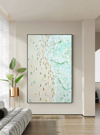 Vibrant Beach Scene Oil Painting with Textured Ocean Waves and Colorful Bathers
