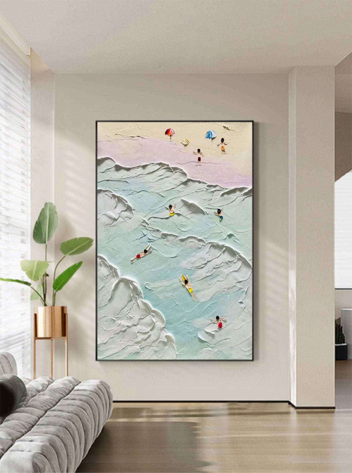 Vibrant Beach Scene Oil Painting with Textured Waves and Sunbathers