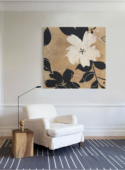 Elegant Minimalist Black and White Flower Oil Painting for Modern Decor