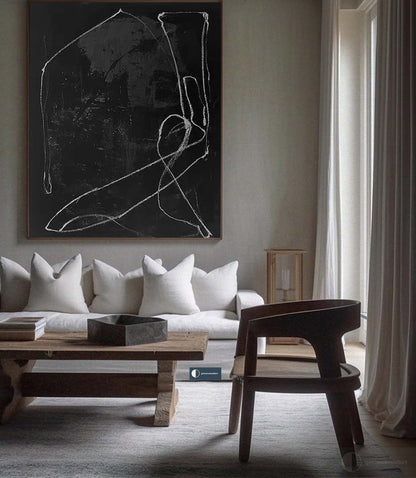 Chic Black Abstract Oil Painting with Elegant White Lines for Modern Decor
