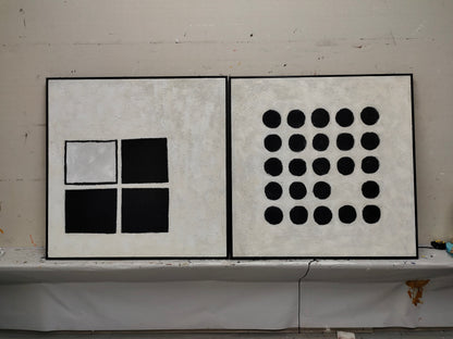 Modern Abstract Duo - Black and White Geometric Oil Paintings for Contemporary Decor