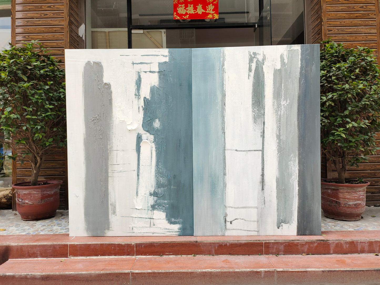 Contemporary Abstract Oil Paintings Pair for Modern Home Decor