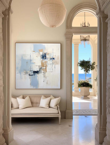 Serene Blue and Beige Modern Abstract Oil Painting for Elegant Home Decor