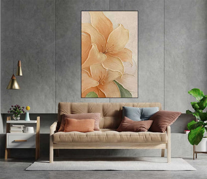 Luminous Floral Oil Painting on Canvas - Elegant Peach Flower Artwork for Home Decor