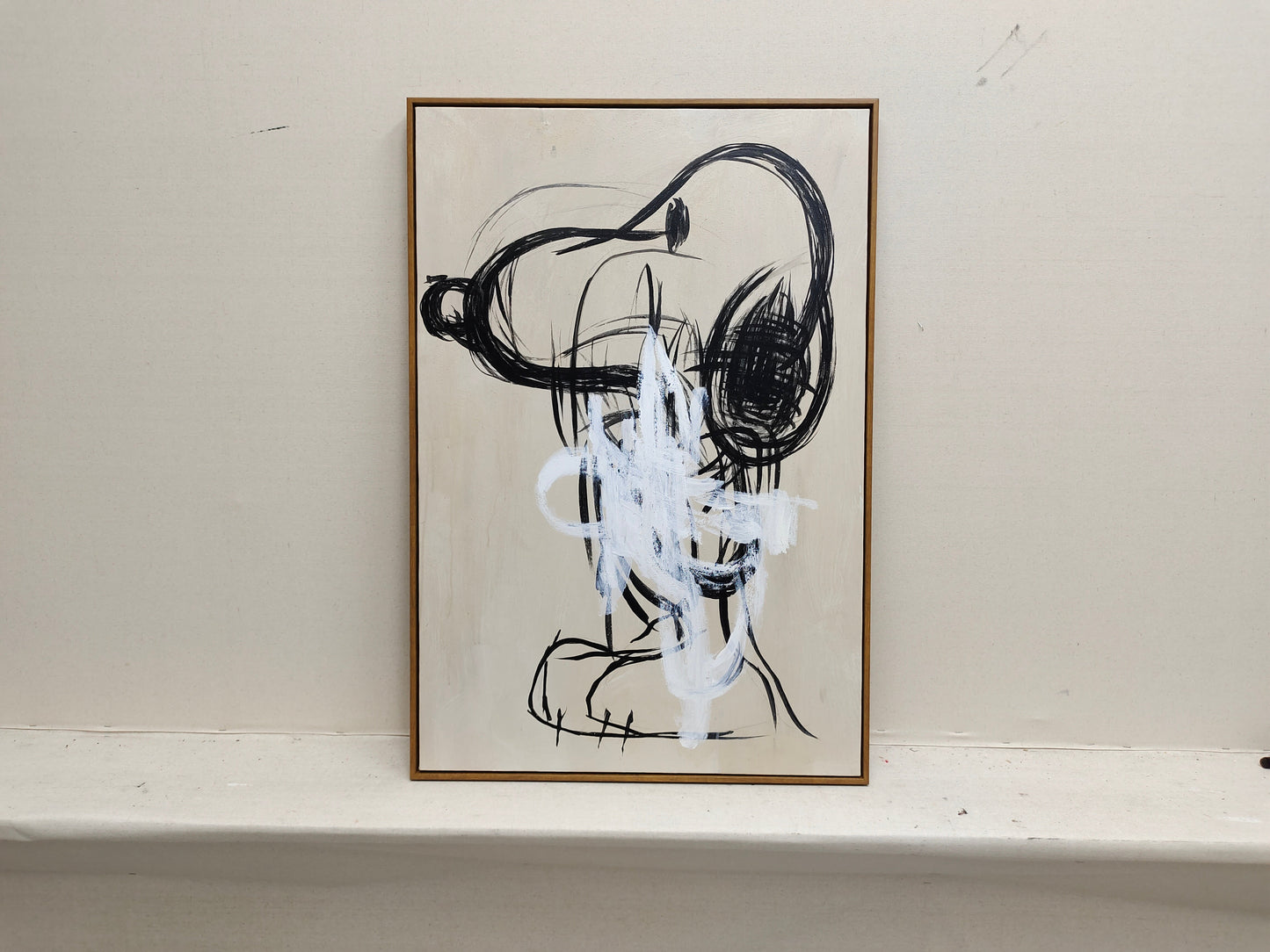 Modern Abstract Oil Painting with Dynamic Black and White Brushstrokes