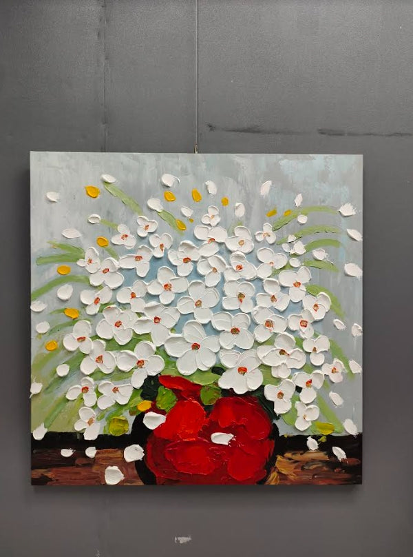 Vibrant Floral Still Life with White Flowers in a Bold Orange Vase