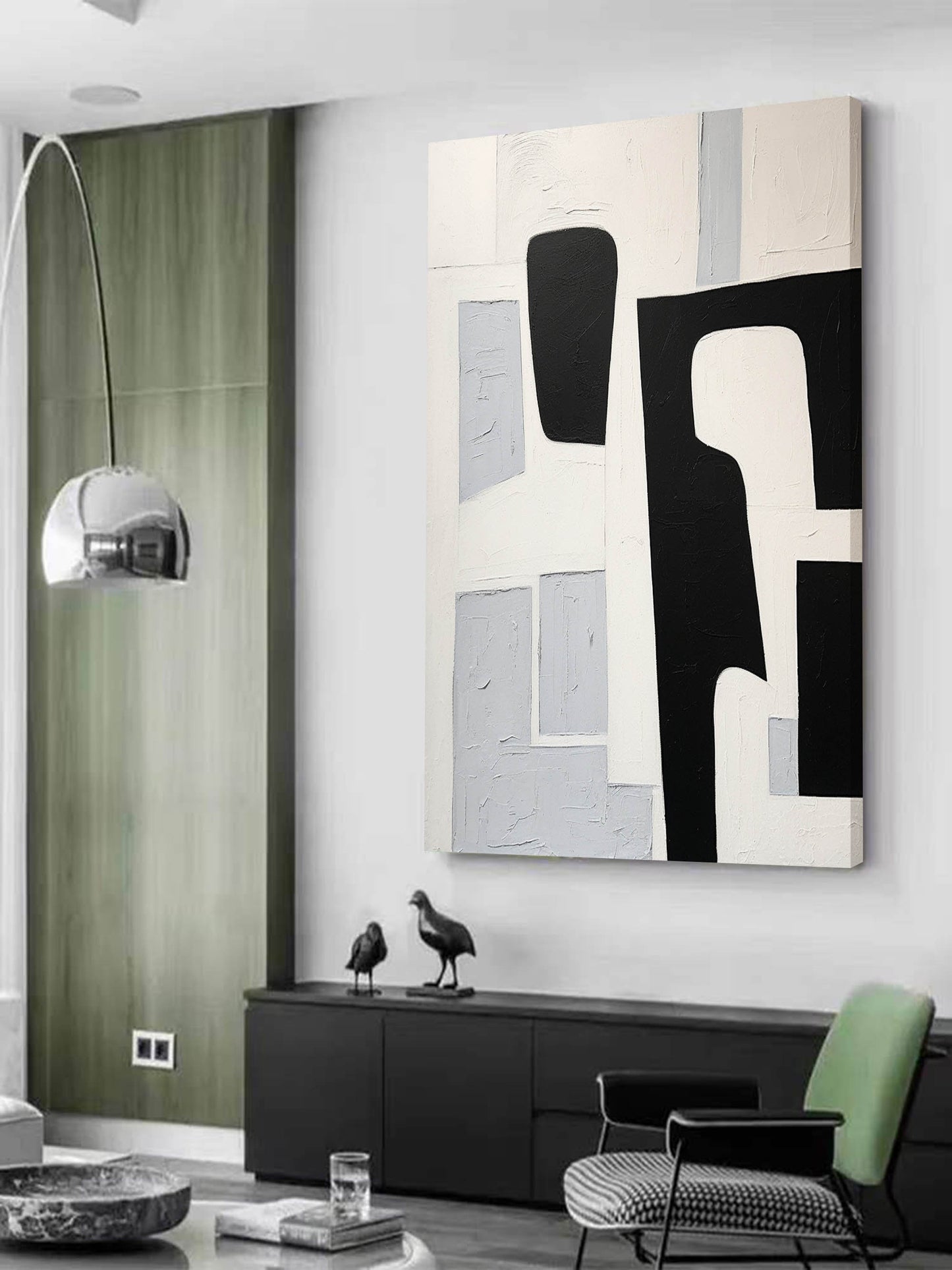 Abstract Black and White Minimalist Oil Painting for Modern Decor