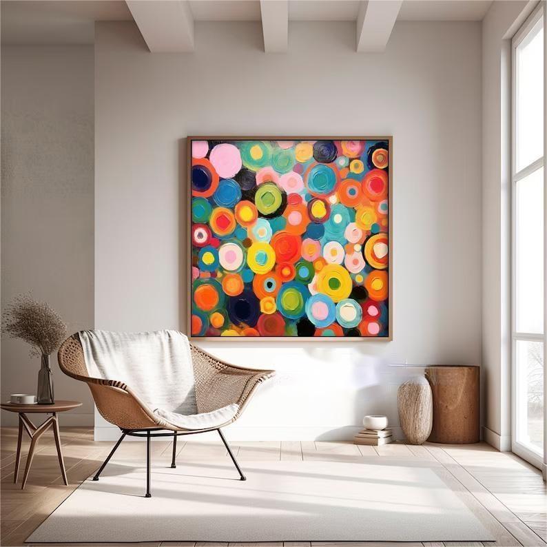 Vibrant Abstract Oil Painting with Colorful Circles for Modern Home Decor