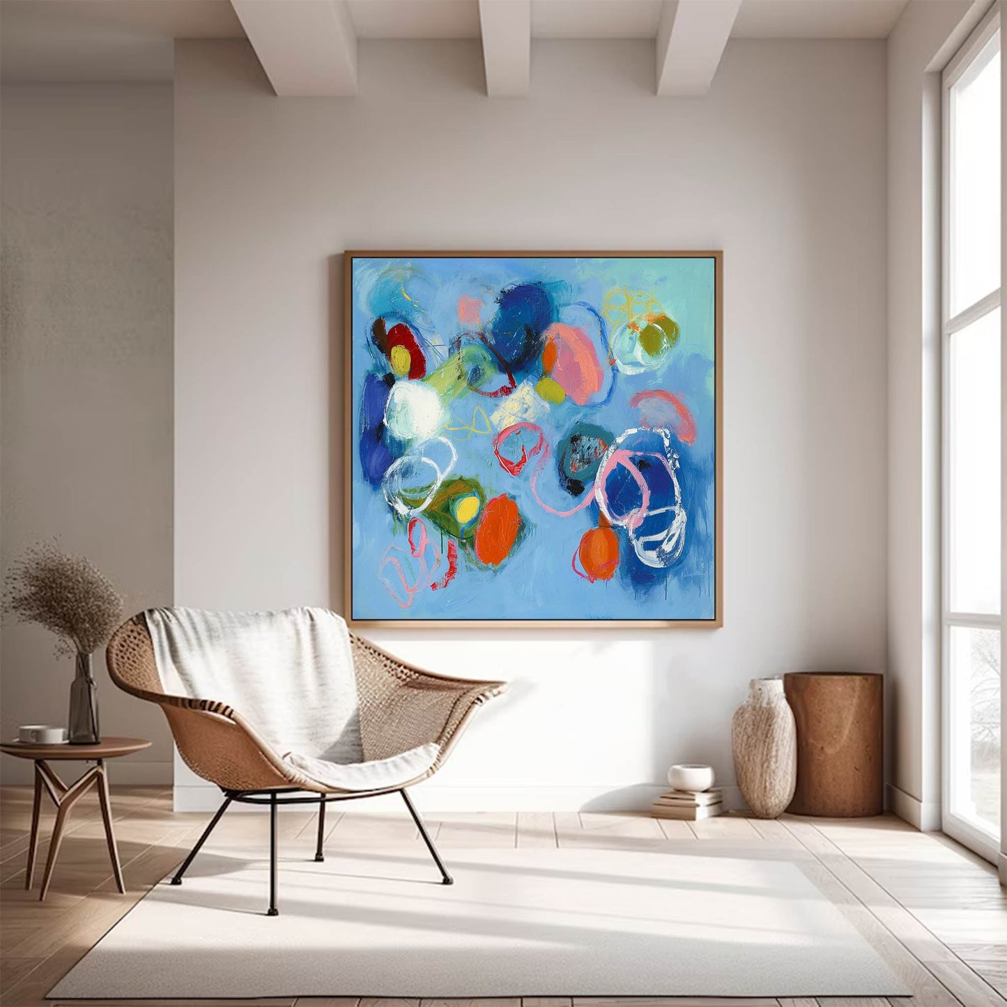 Vibrant Abstract Oil Painting with Blue Background and Colorful Circular Patterns